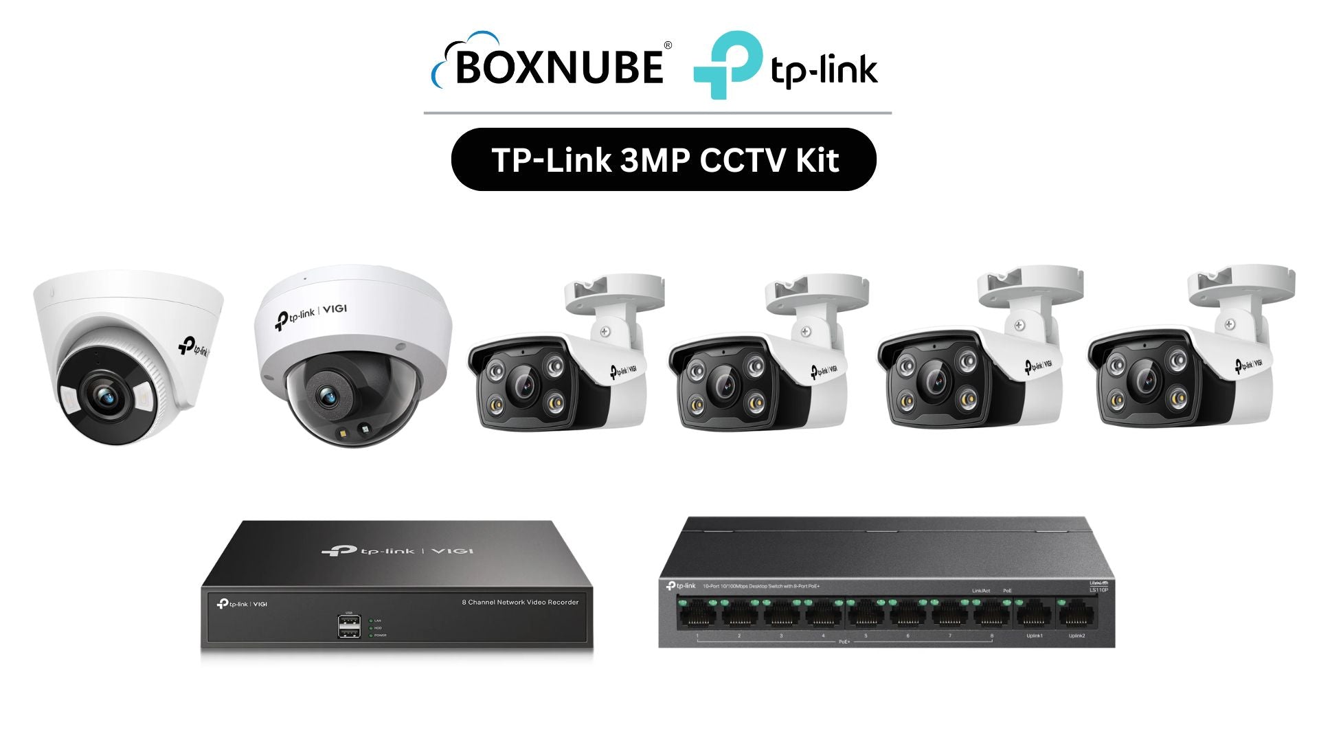 TP-Link VIGI 3MP Full HD 6 Camera Kit Bundle | 4 x VIGI C330 Bullet, 1 x VIGI C430 Turret, 1 x VIGI C230 Dome, 8 Channel NVR, 8 Port PoE Switch TP-Link VIGI 3MP Full HD 6 Camera Kit Bundle | 4 x VIGI C330 Bullet, 1 x VIGI C430 Turret, 1 x VIGI C230 Dome, 8 Channel NVR, 8 Port PoE Switch